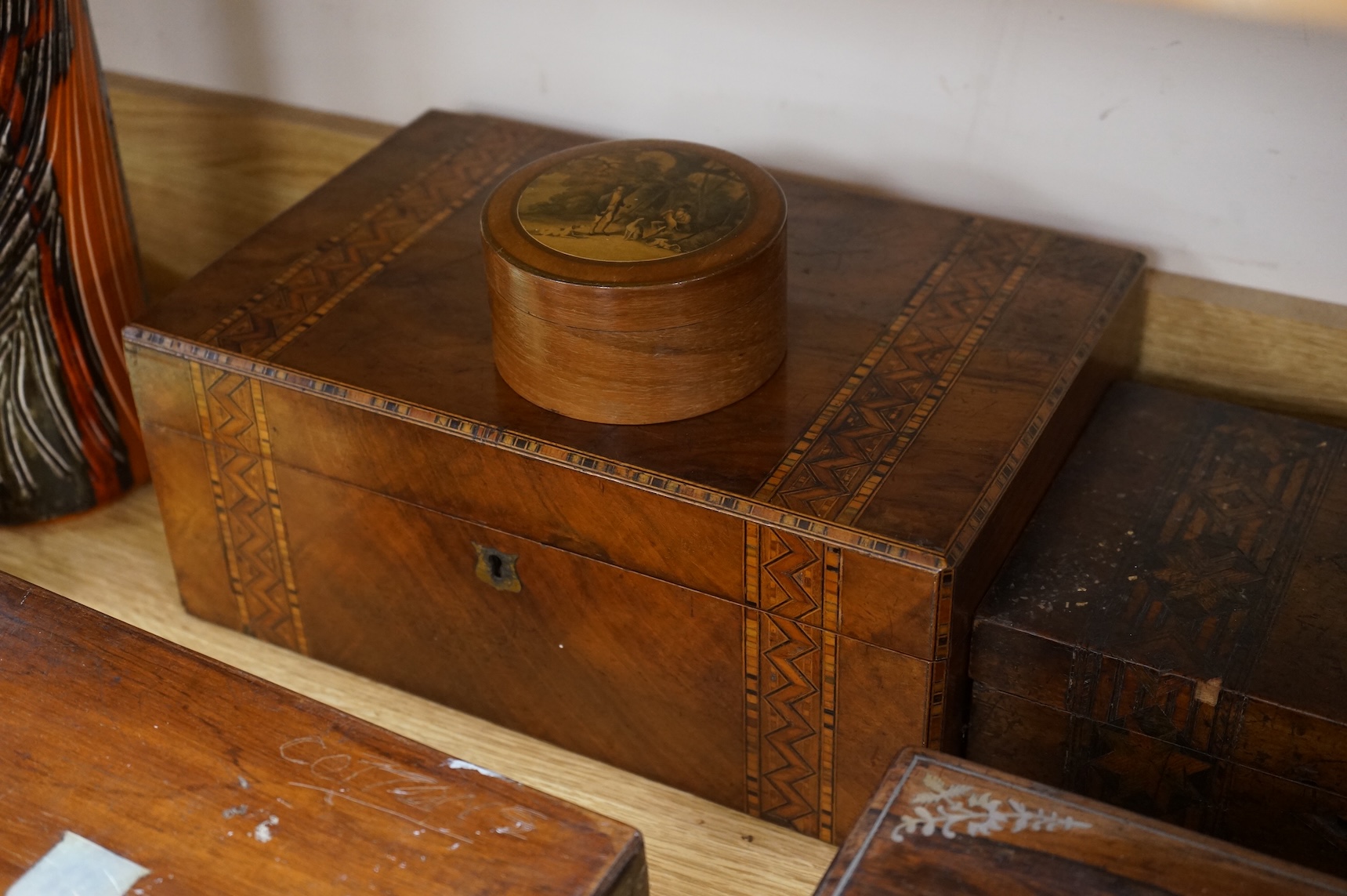 A collection of 19th and 20th century writing, stationery, tea caddies and painting boxes, largest 34.5cm wide (10)